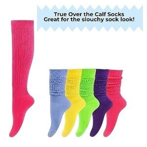 True Over the Calf Slouchy Socks 5pc Pairs Ribbed Knit Casual Retro 60s Vibes OS